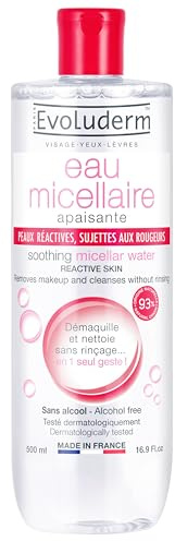 EVOLUDERM - Eau Micellaire Démaquillante Peaux Réactives, Sujettes Aux Rougeurs - 500 ml - 93% d'Origine Naturelle - Végan - Fabrication Française