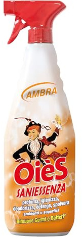 OièS Saniessenza Detergente Profumato 750 ml - Ambra (1 Unità) | Profumatore Ambiente 5 in 1 Spray Igienizzante Multiuso per Pavimenti e Superfici - Profuma, Igienizza, Deodorizza e Spolvera