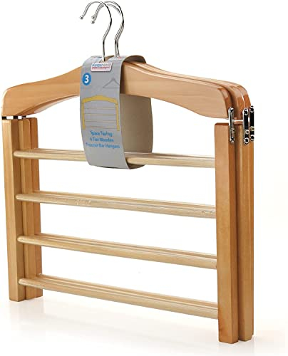 Hangerworld 3 Pack of Wooden Trouser Hangers - Multifunctional 4 Tier Clothes Storage Organiser with Non Slip Bars
