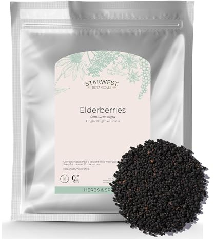 Starwest Botanicals Whole Elderberries - Dried Elderberries for Syrup, Tea, Gummies, & Jam, Certified Kosher, Wildcrafted Natural Berries - Bulk 1 lb Bag