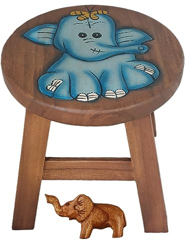 ART-CRAFT Vielseitiger Kinderhocker Holzhocker rund aus Massivholz Tiermotiv Blauer Elefant + Holzelefant mit vielen Einsatz Möglichkeiten