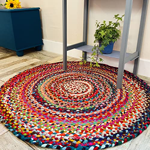 Second Nature Online Mehrfarbiger Teppich | Handgewebt | Geflochtener Stoffteppich | Umweltfreundlich: 100% Recycelter Stoff | Ethische Herkunft | Flachgewebe (Rund: 120 cm Durchmesser)