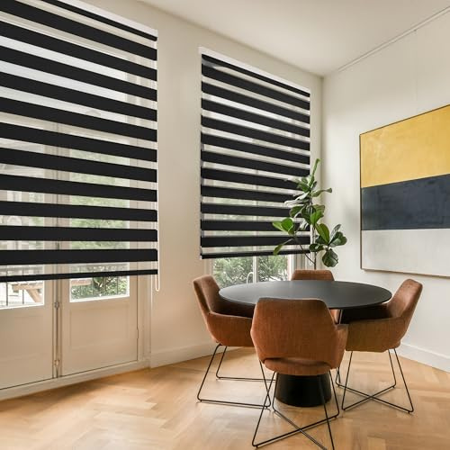 Blindecor Lira doppelrollo - duo rollo tag und nacht Schwarz - 120 x 180 cm (Breite x Länge) | Stoffgröße 117 x 175 cm | Fensterrollo zebra