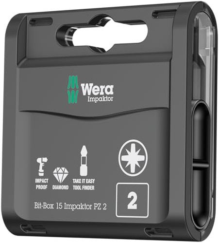 Wera Bit-Box 15 Impaktor PZ2 TriTorsion Impact bits, anti cam-out Pozi 2x25mm, 15pc pack, 05057763001(use with 897 4 IMP Holder), Black