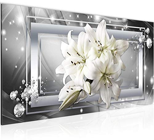 Runa Art Wandbild Blumen Lilien 1 Teilig 100 x 40 cm Modern Bild auf Vlies Leinwand Abstrakt Wohnzimmer Grau Silber 021712c