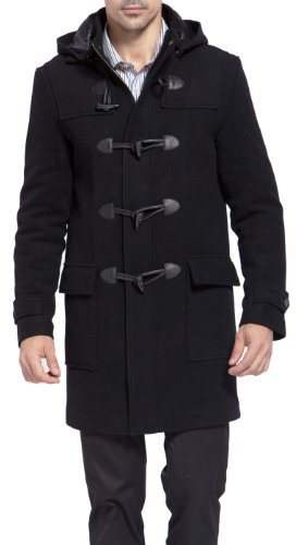 BGSD Men Benjamin Wool Blend Single Breasted Walking Toggle Duffle Coat with Hood (Also available in Big and Tall), Black, Large Tall