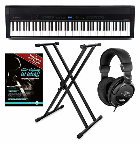 Steinmayer P-60 SM Stagepiano Stage Set (88 Tasten, Hammermechanik, Anschlagdynamik, 128-fach polyphon, 14 Sounds, inkl. X-Keyboardständer, Kopfhörer, Notenhalter, Netzteil & Noten) Schwarz
