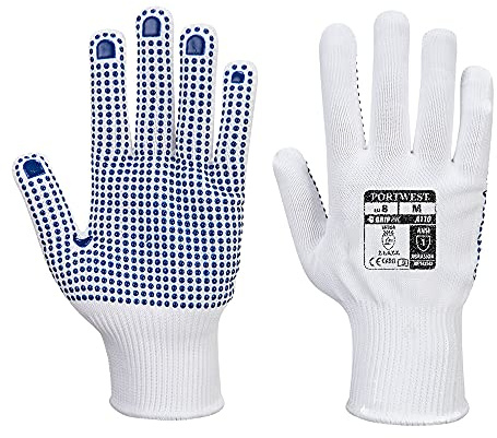 Portwest A110 Nylon Polka Dot Handske, Regelbunden, Storlek M, Vit/Blå