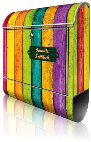 banjado Design Briefkasten personalisiert 38,5x46,5x13cm & 2 Schlüssel - Briefkasten Stahl Silber Zeitungsfach pulverbeschichtet - Postkasten A4 Einwurf inkl. Montagematerial - Motiv Bunte Holzlatten