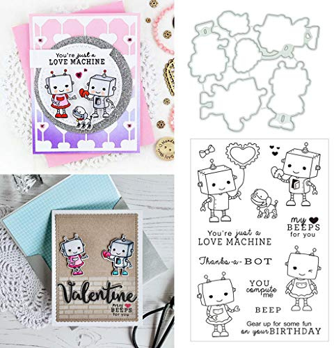 Lottoyday Cute Robots Silikon Stempel und Stanzschablonen Set für DIY Kartenherstellung Scrapbooking Album, Fotoalbum Dekoration(Cutting Dies&Clear Stamp Seal)