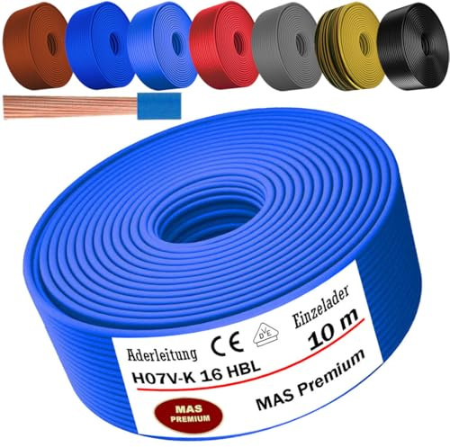 MAS Premium De 5 à 100m Câble conducteur H07 V-K 16 mm² Noir Brun Bleu foncé Vert jaune Gris Bleu clair Orange ou Rouge Fil conducteur flexible (Bleu clair, 10m)