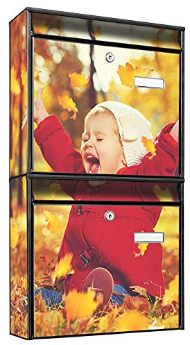banjado Briefkastenanlage 2 Fach - 2 Briefkästen 36x64x10cm groß - Doppelbriefkasten Set - Namensschild, 2 Schlüssel, Montagematerial - Stahl verzinkt schwarz - Motiv Herbstfreude