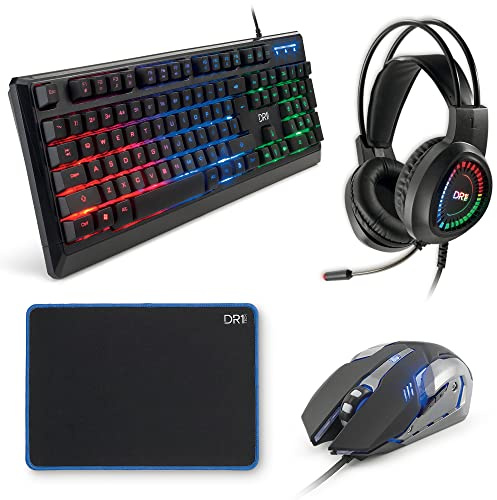[Amazon Exclusive] DR1TECH Predator Gaming PC Bundle 4in1 - Gaming LED Tastatur mit Maus (6 Tasten) + LED Kopfhörer Mit Kabel und Mikrofon + Mauspad 25x35cm