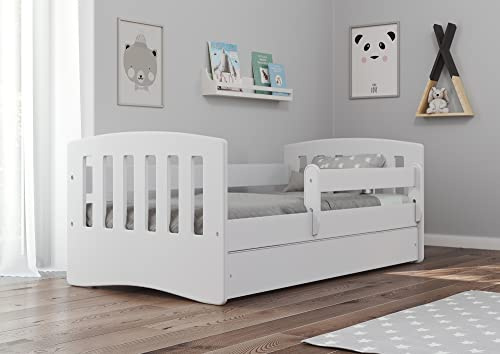 Bjird Kinderbett Jugendbett 80x160 80x180 mit Rausfallschutz Matratze Schublade und Lattenrost Kinderbetten für Mädchen und Junge - Classic I (80 x 180 cm mit Matratze, Weiß)