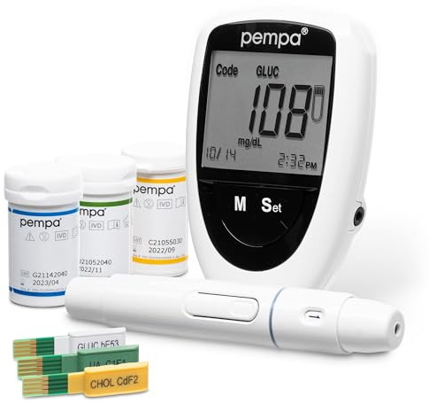 PEMPA 3in1 Monitor della glicemia e Kit per il test del colesterolo a casa e Kit per il test dell'acido urico | Kit per il test del diabete - Kit di glucometri multifunzione con strisce e lancette