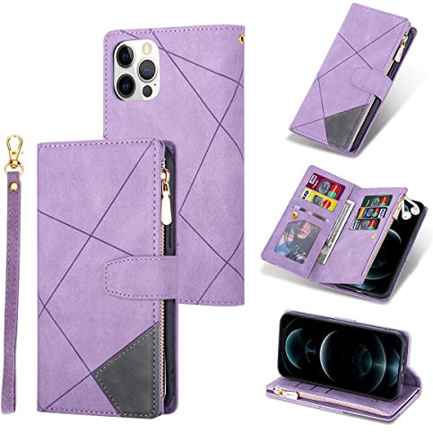UEEBAI Estuche para iPhone 13 Pro 6.1 Inch, Cartera con Correa de Mano Cuero PU Funda Tapa Retro a Prueba de Golpes con 9 Ranuras para Tarjetas Función de Soporte Bolso Magnético - Diamante Violeta
