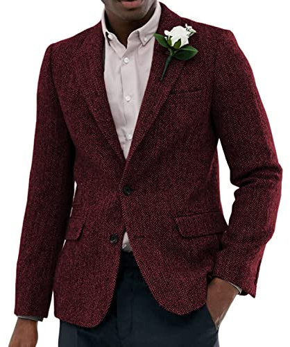 Solovedress, Blazer da uomo, Regular Fit, classico, in tweed, giacca da abito in lana per cerimonie nuziali, borgogna, S