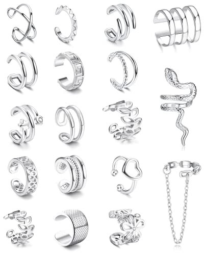 Diamday 18 Stück Ear Cuff für Damen Edelstahl Non Piercing Ohrmanschetten Ohrringe Earcuffs Set Helix Knorpel Fakepircings Ohr Cuffs Ohrklemme Nicht Schlange Herz Blatt Wrap Cuff Ohrringe Silber