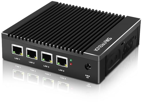 Sharevdi Lüfterlose Firewall-Appliance mit Intel J3710 4C/4T, Mini-PC mit 4 i226-LAN-Anschlüssen, Netzwerk-Gateway, Soft-Router, AES-NI-Test mit PFSense/OPNSense 8GB DDR3 64GB SSD