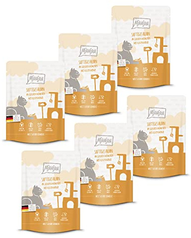 MjAMjAM - nourriture humide premium pour chats - Quetschie - poulet juteux avec de délicieuses carottes, pack de 6 (6 x 300 g), sans céréales avec un supplément de viande