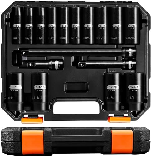 PGROUP Schlagschrauber Nüsse Set 1/2”, SAE-Größen von 3/8 Zoll bis 1-1/4 Zoll（9.5mm-31.75mm）mit 3, 5, 10-inch Verlängerungsstange, 17 Stück Sechskantschlüssel Set, Cr-V-Stahl, SAE to Metrish