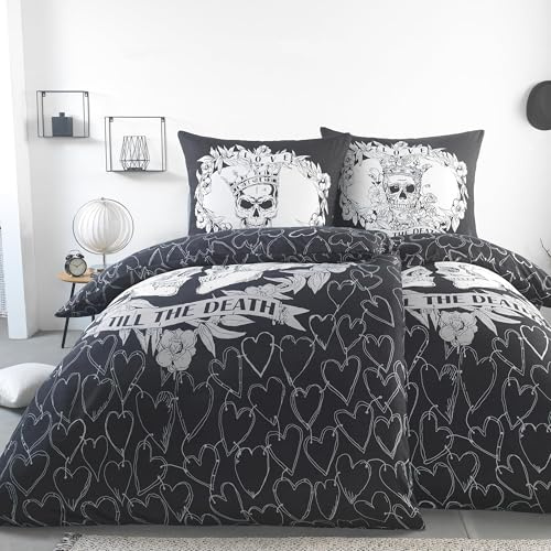 BaSaTex Partner Bettwäsche Set, 2X 135x200 + 2X 80x80, Totenkopf | Designed für Paare, Öko_Tex Zertifiziert, 100% Mikrofaser, Atmungsaktiv und Temperaturausgleichend