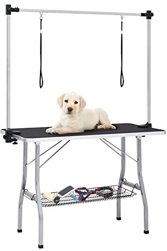 MOONAIRY Verstellbarer Trimmtisch für Hunde mit 2 Schlaufen und Korb, Hundefriseur Tisch, Frisiertisch Hund, Hundefriseur, Hunde Blower, Hundefriseur Zubehör,