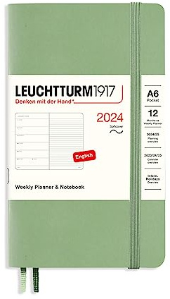 LEUCHTTURM1917 367800 Wochenkalender & Notizbuch Softcover Pocket (A6) 2024, 12 Monate, Salbei, Englisch