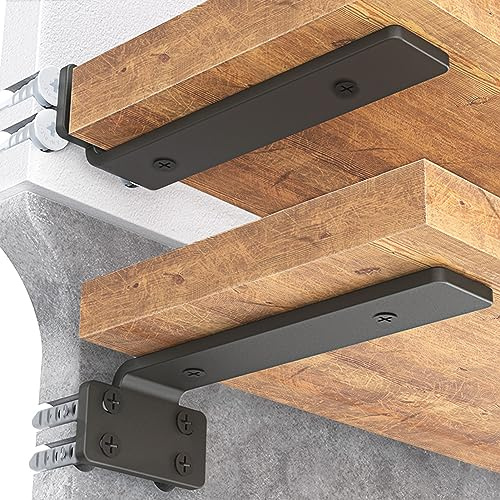 Goovilla Shelf Bracket, Heavy Duty Floating Shelf Brackets 8 inch Long, 6 Pack Brackets for Shelves, Black Coated Metal Wall Shelf Support Brackets with 1/5 Inch Thick and 160 lb. Load Capacity