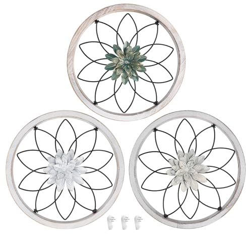 SWAWIS 3 Stück Rustikale Wanddeko Runde, Ø 30cm 3D Blumen Wanddekoration, Wanddekoration Metall mit Holzrahmen, Familie Wandkunst Rund für Wohnzimmer Korridor Schlafzimmer Esszimmer Büro (Dicke 2cm)