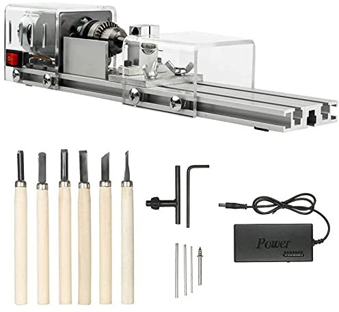 100W Mini Tour Perles Machine DIY Travail du Bois CNC Mini Tour à Bois Outils Mini Tour à Bois Fraiseuse avec Adaptateur Secteur pour Travail du Bois DIY Tournage Coupe Perçage 12-24V DC