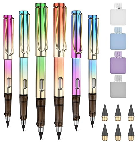 OFFCUP Ewiger Bleistift Metall 6 Stück Pencil mit Radiergummi Wechselkopf | Tintenlose Bleistifte Ewig, Unendlicher Bleistift Magischer Bleistifte Magic Infinity für Erwachsene Studenten -Buntes