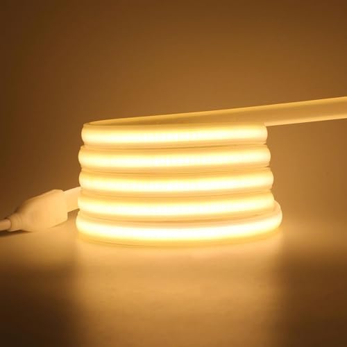 HEGEHE 220V Tira de LED COB 4M, 288LEDs/m Flexible Blanco Cálido CRI≥85 FCOB Tira Luces,IP65 Impermeable Super Brillante LED Tira de Luz con Enchufe Interruptor para Dormitorio,Iluminación de Armarios