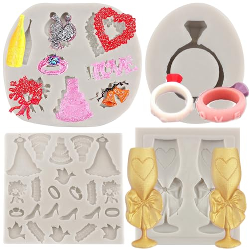 MYPRACS Love Wedding Anniversary Engagement Silicone Moulds Champagne Wine Glass Ring Wedding Dress Fondant Mould for Cake Decoration Candy Chocolate Polymer Clay Gum Paste Set of 4