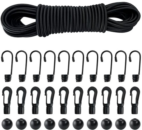 Corde Elastiche 10m x 4mm, Corda di Gomma con Ganci, Sfere, Gancio In Plastica, Corda Elastica Cavo Elastico per Teloni, Tende, Trasporto, Giardini, Campeggio, Kayak e Portapacchi - Set Fai Da Te