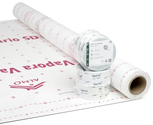 ALMO 2-in-1 Dampfbrems-Set für Dach-Innenausbau 37,5m² - 25m x 1,5m Dampfbremse + 1 Rolle Klebeband (60mm x 40m) | Hochwertige Feuchteregulierende Dampfbremsfolie und Reißfestes Klebeband