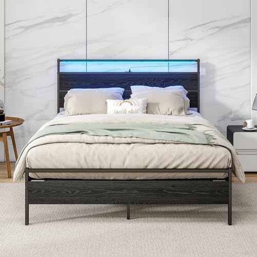 BORPHOM Sängram av metall och trä, dubbelsäng, 120 x 200 med USB, metallsäng, 120 x 200 med sänggavel och metall ribbotten, funktionell säng, gästsäng, ungdomssäng, barnsäng, svart