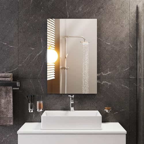 Sqinor 40x60cm Frameless Wall Mirror with Pre-Installed Hook, Modern Rectangular Bathroom Mirror with HD Shatterproof Glass, Decorative Wall Mirrors for Bathroom Bedroom Living Room Hallway Entryway