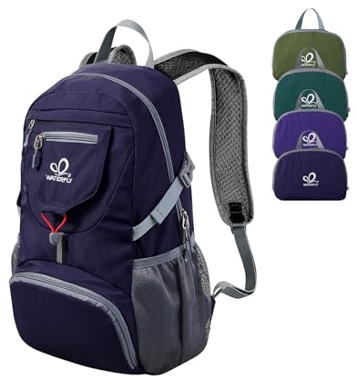 WATERFLY Ultraleicht Faltbar Klein Rucksack: 20L Leicht Packable Wanderrucksack Tagesrucksack Trekkingrucksack Outdoor Sportlich Backpack Travel Daypack für Herren Damen (Blau-Lila)