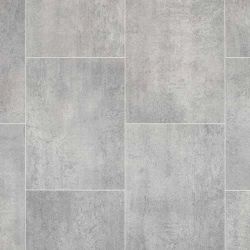 Light Grey Modern Tile Effect Eclipse Vinyl Flooring 2mm Thick Lino Roll Bathroom Kitchen (2m Wide x 2.5m Long)