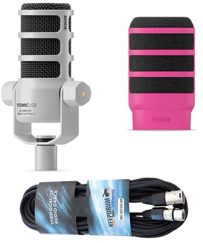 Rode Podmic USB XLR Dynamisches Sprecher-Mikrofon Weiss mit WS14P Popschutz Pink und keepdrum XLR-Kabel