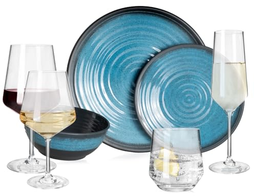 Vajilla de melamina para camping, 4 personas, color azul piedra + 16 vasos Milano, copas de vino, copas de champán, vajilla de pícnic, barbacoa