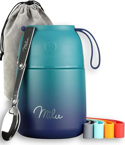 Milu® Thermobehälter für Essen 450ml, Edelstahl, Thermo Lunchbox, Suppenbehälter to go, Thermobox, Thermodose zum Warmhalten Suppen, Babybrei, Speisebehälter, breiwärmer unterwegs, Grün Blau 450ml