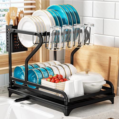 BKXCHA Scolapiatti da appoggio a 2 Livelli,Scolapiatti da Lavello in Acciaio Inox con Portabicchieri e Portautensili，Cucina con Scarico Automatico Scolapiatti da Lavello Appoggio per Piatto,Tazza