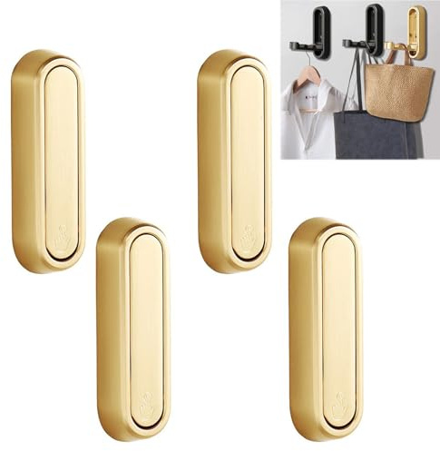 4 Pcs Folding Wall Mounted Bathroom Hooks: Retractable Folding Invisible Hooks - Ideal for Living Room, Kitchen, Bedroom - Easy to Install, Hang Towels, Coats, Hats, Jackets, Rucksacks, Keys (Gold)