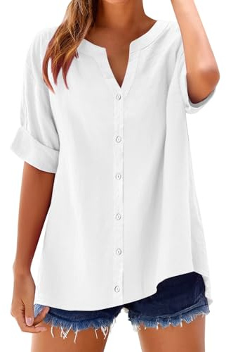 Cihdmfb Blusa de lino para mujer, tallas grandes, verano, algodón y lino, blusa vintage, monocolor, manga corta, informal, cuello en V, muselina, blusa con botones, camiseta larga holgada