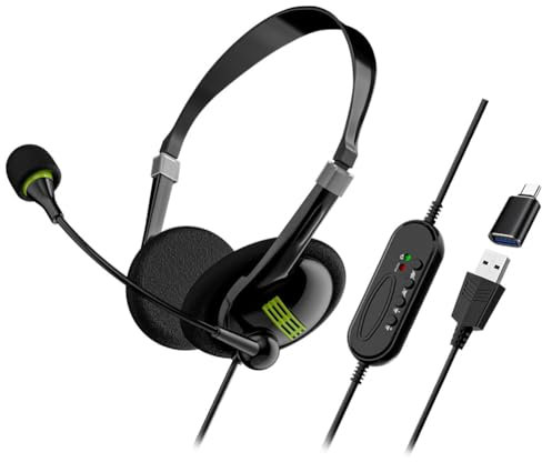Pqahffowr Casque D'Ordinateur USB pour Opérateur Professionnel, Casque Filaire avec Contrôle et Adaptateur Type-C, Pratique, et de Qualité.