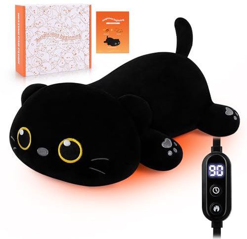 Electric Heating Pad for Period Cramps, Cuddly Soft 14 Black Cat Plush with a Hot Soft Belly USB Powered, Menstrual Heating Pad Neck Shoulder Pain Relief, Christmas Birthday Gift for Daughter Wife