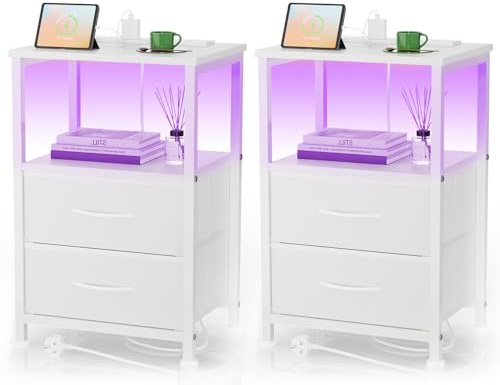Yornoli Set of 2 Bedside Table with Charging Station 40cm Wide Bed Side Table for Bedroom with Fabric Drawers Small End Tables with Led Lights for Living Room Small Spaces White