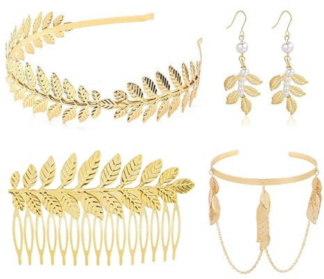FUIPVGI 4 Pezzi Dea Greca Costume Accessori Set Corona Alloro Tiara Dorata,Foglia Corona Capelli Accessori da sposa, anello del braccio, Orecchini Foglia Perla, per Feste di Matrimonio Halloween (Oro)